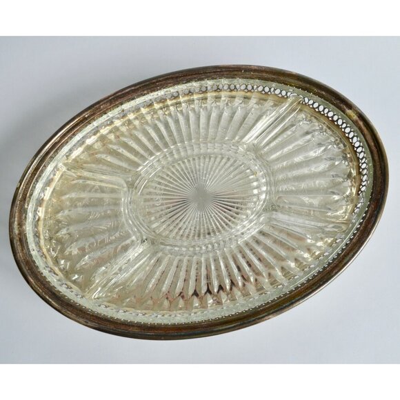 Vintage Silver Plate Large Glass Insert Serving Platter Divided Footed - Picture 3 of 5